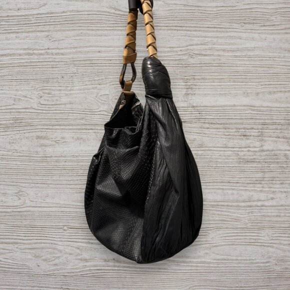 H by Halston Heritage Embossed Leather Pleated Hobo Shoulder Bag Black Tan Purse - Picture 11 of 16